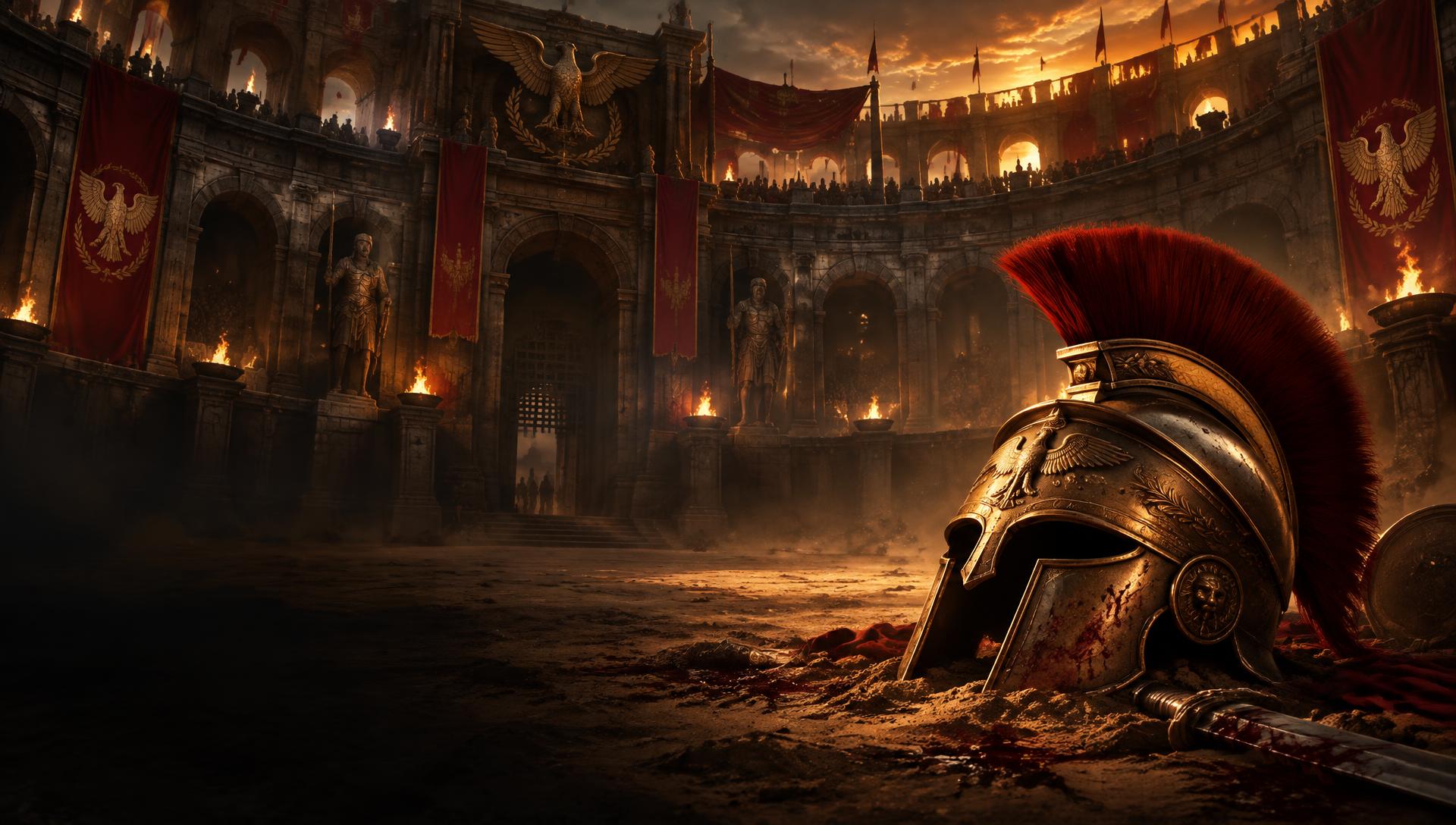 Casco imperial de gladiador en la arena al anochecer
